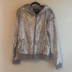 Pink faux fur metallic leopard zipped hoodie